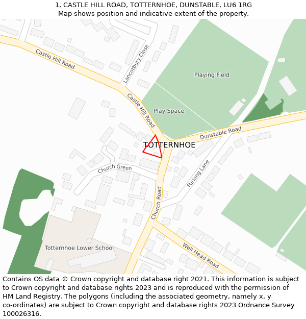 1, CASTLE HILL ROAD, TOTTERNHOE, DUNSTABLE, LU6 1RG: Location map and indicative extent of plot