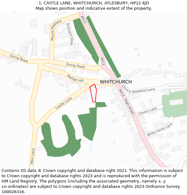 1, CASTLE LANE, WHITCHURCH, AYLESBURY, HP22 4JD: Location map and indicative extent of plot