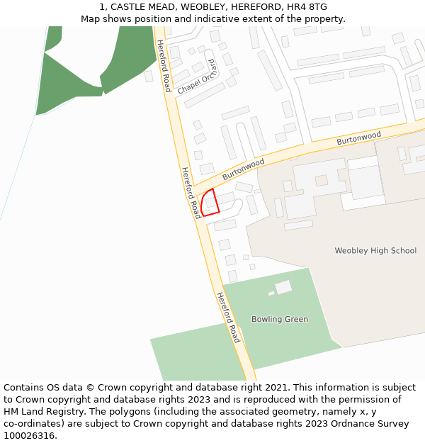 1, CASTLE MEAD, WEOBLEY, HEREFORD, HR4 8TG: Location map and indicative extent of plot