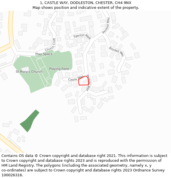 1, CASTLE WAY, DODLESTON, CHESTER, CH4 9NX: Location map and indicative extent of plot