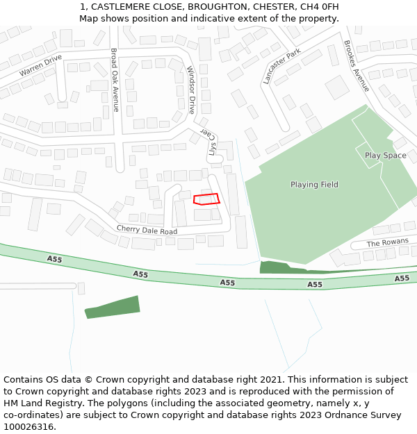 1, CASTLEMERE CLOSE, BROUGHTON, CHESTER, CH4 0FH: Location map and indicative extent of plot