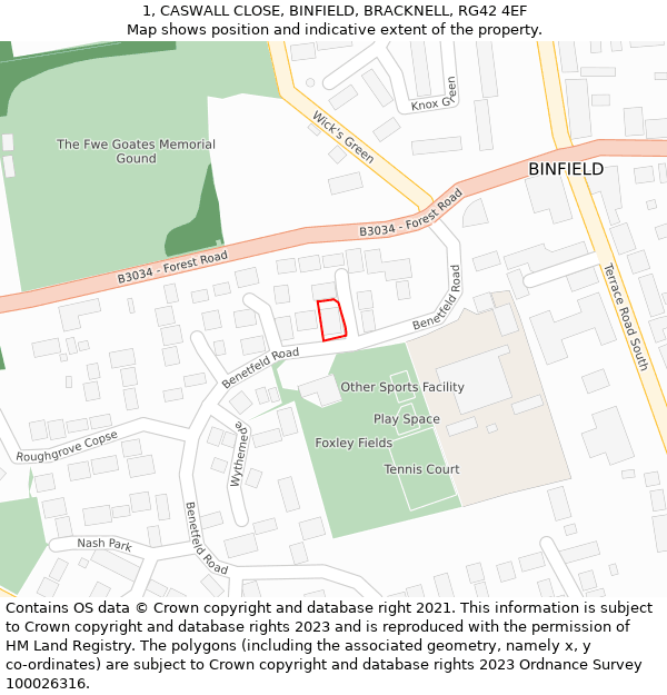 1, CASWALL CLOSE, BINFIELD, BRACKNELL, RG42 4EF: Location map and indicative extent of plot