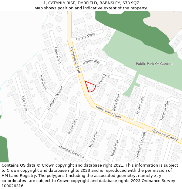 1, CATANIA RISE, DARFIELD, BARNSLEY, S73 9QZ: Location map and indicative extent of plot