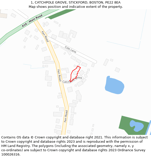 1, CATCHPOLE GROVE, STICKFORD, BOSTON, PE22 8EA: Location map and indicative extent of plot