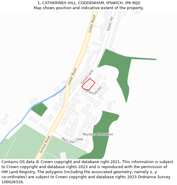 1, CATHERINES HILL, CODDENHAM, IPSWICH, IP6 9QG: Location map and indicative extent of plot