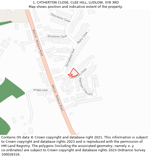 1, CATHERTON CLOSE, CLEE HILL, LUDLOW, SY8 3RD: Location map and indicative extent of plot