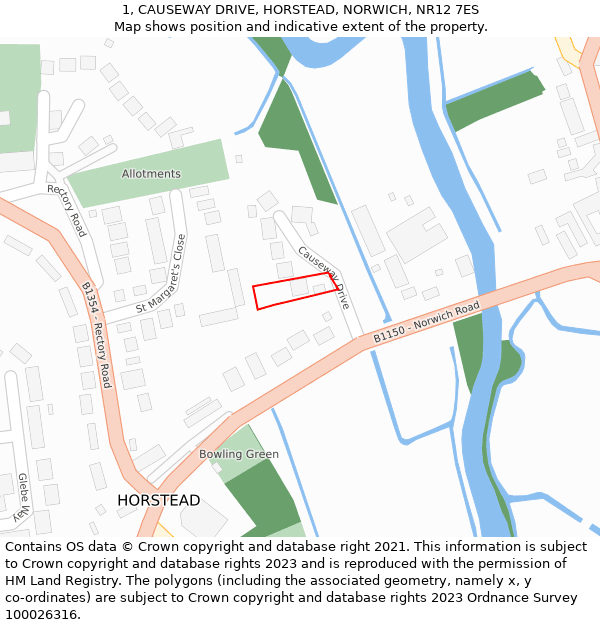 1, CAUSEWAY DRIVE, HORSTEAD, NORWICH, NR12 7ES: Location map and indicative extent of plot