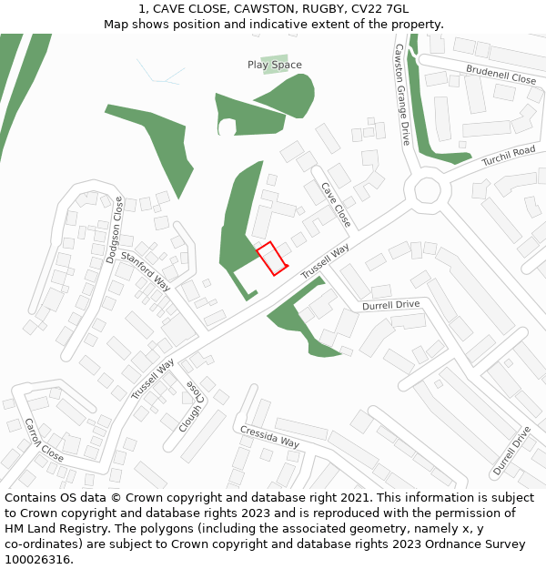 1, CAVE CLOSE, CAWSTON, RUGBY, CV22 7GL: Location map and indicative extent of plot