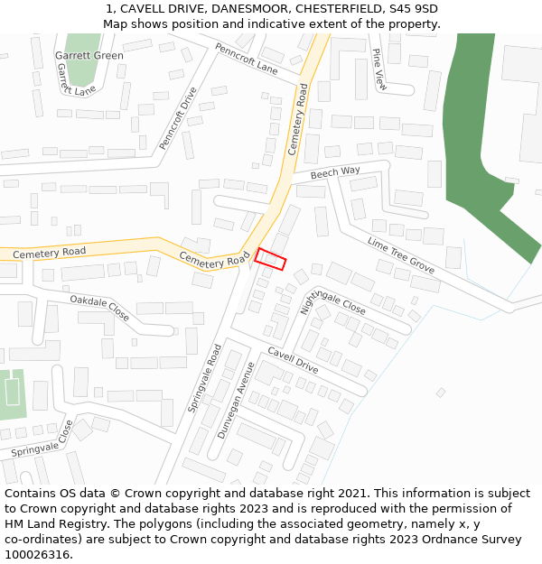 1, CAVELL DRIVE, DANESMOOR, CHESTERFIELD, S45 9SD: Location map and indicative extent of plot