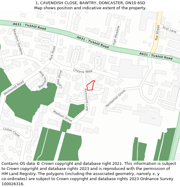 1, CAVENDISH CLOSE, BAWTRY, DONCASTER, DN10 6SD: Location map and indicative extent of plot