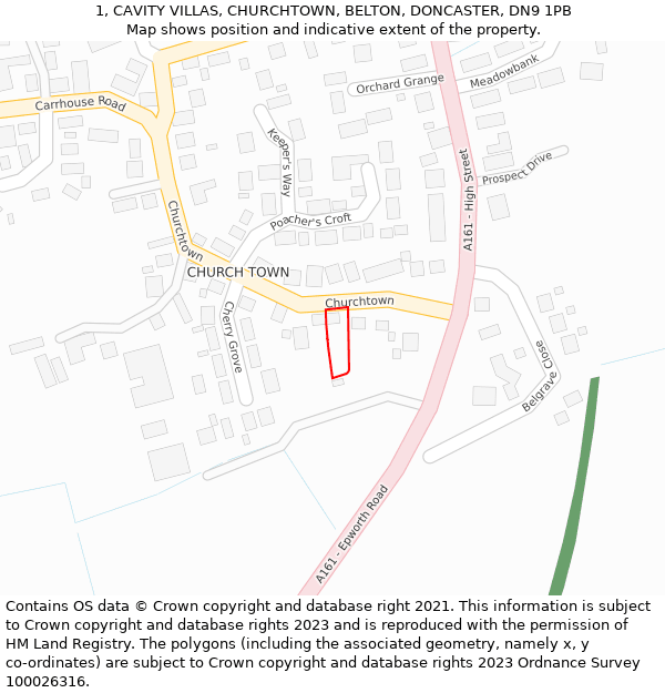 1, CAVITY VILLAS, CHURCHTOWN, BELTON, DONCASTER, DN9 1PB: Location map and indicative extent of plot