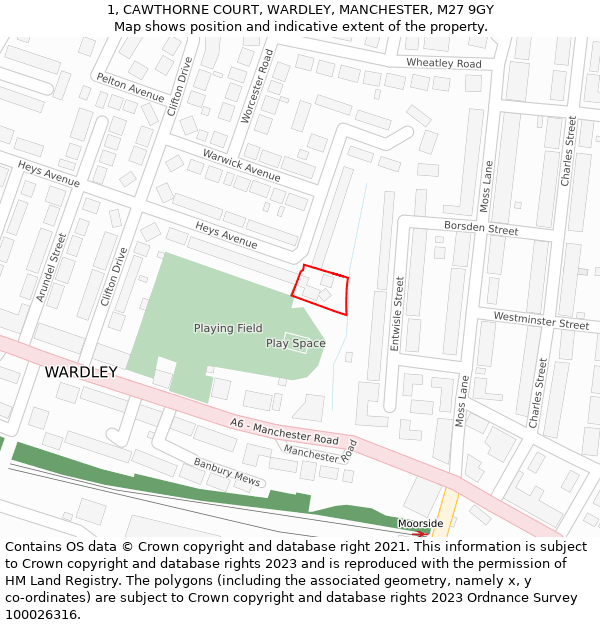 1, CAWTHORNE COURT, WARDLEY, MANCHESTER, M27 9GY: Location map and indicative extent of plot