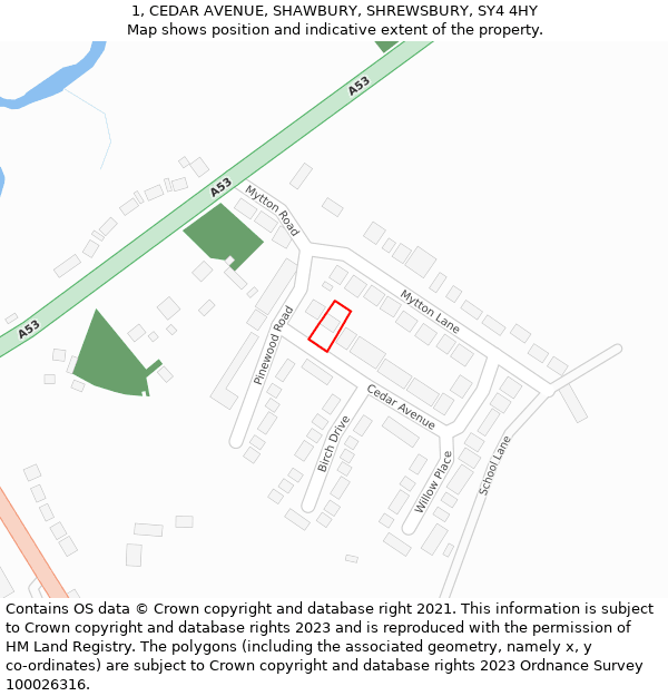 1, CEDAR AVENUE, SHAWBURY, SHREWSBURY, SY4 4HY: Location map and indicative extent of plot