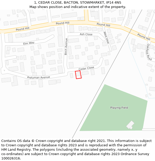 1, CEDAR CLOSE, BACTON, STOWMARKET, IP14 4NS: Location map and indicative extent of plot