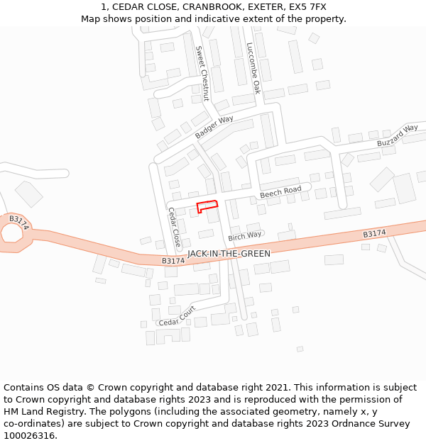 1, CEDAR CLOSE, CRANBROOK, EXETER, EX5 7FX: Location map and indicative extent of plot