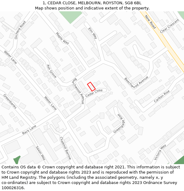 1, CEDAR CLOSE, MELBOURN, ROYSTON, SG8 6BL: Location map and indicative extent of plot