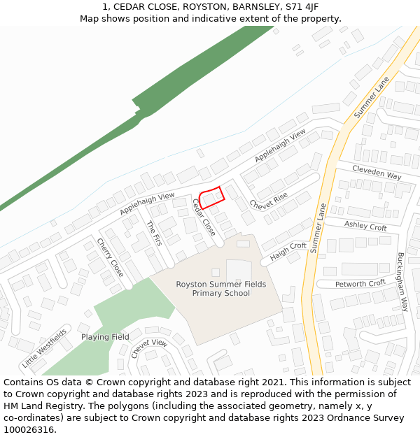 1, CEDAR CLOSE, ROYSTON, BARNSLEY, S71 4JF: Location map and indicative extent of plot