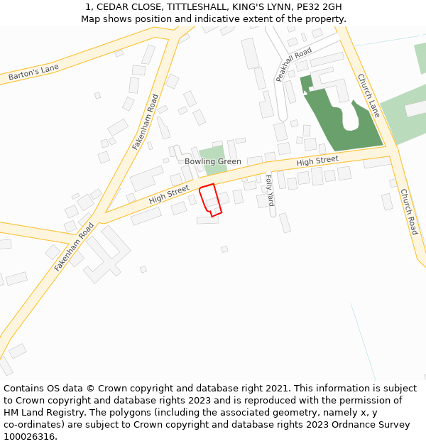 1, CEDAR CLOSE, TITTLESHALL, KING'S LYNN, PE32 2GH: Location map and indicative extent of plot