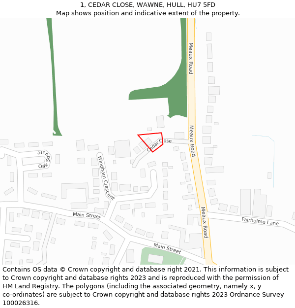 1, CEDAR CLOSE, WAWNE, HULL, HU7 5FD: Location map and indicative extent of plot