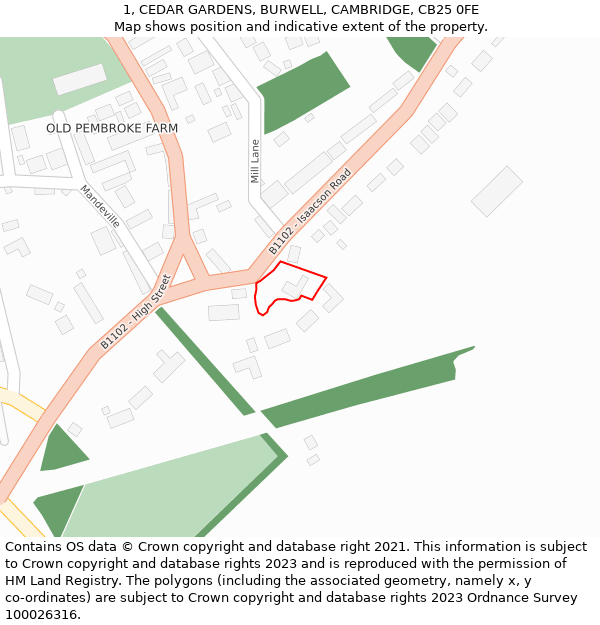 1, CEDAR GARDENS, BURWELL, CAMBRIDGE, CB25 0FE: Location map and indicative extent of plot