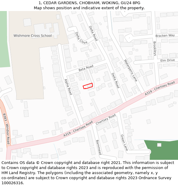 1, CEDAR GARDENS, CHOBHAM, WOKING, GU24 8PG: Location map and indicative extent of plot