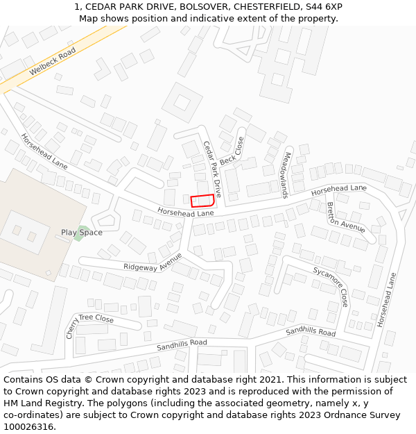 1, CEDAR PARK DRIVE, BOLSOVER, CHESTERFIELD, S44 6XP: Location map and indicative extent of plot