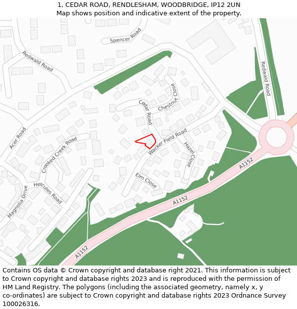 1, CEDAR ROAD, RENDLESHAM, WOODBRIDGE, IP12 2UN: Location map and indicative extent of plot