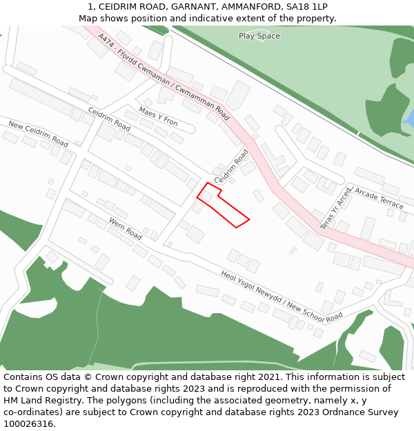1, CEIDRIM ROAD, GARNANT, AMMANFORD, SA18 1LP: Location map and indicative extent of plot