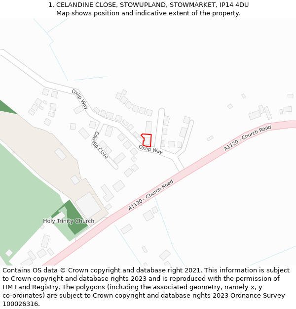 1, CELANDINE CLOSE, STOWUPLAND, STOWMARKET, IP14 4DU: Location map and indicative extent of plot