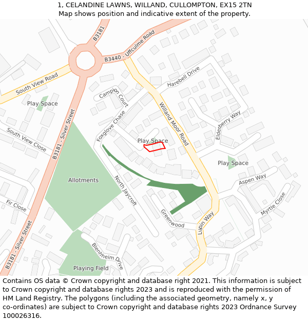 1, CELANDINE LAWNS, WILLAND, CULLOMPTON, EX15 2TN: Location map and indicative extent of plot