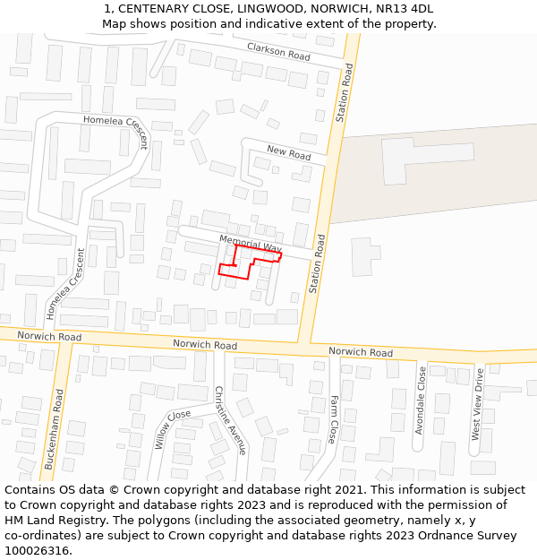 1, CENTENARY CLOSE, LINGWOOD, NORWICH, NR13 4DL: Location map and indicative extent of plot