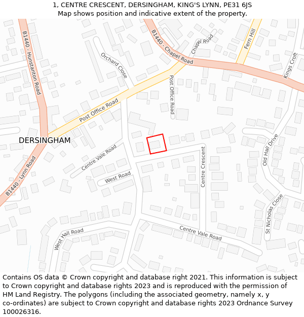 1, CENTRE CRESCENT, DERSINGHAM, KING'S LYNN, PE31 6JS: Location map and indicative extent of plot