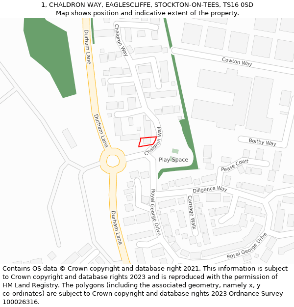 1, CHALDRON WAY, EAGLESCLIFFE, STOCKTON-ON-TEES, TS16 0SD: Location map and indicative extent of plot
