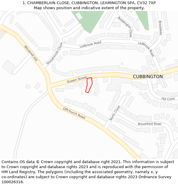 1, CHAMBERLAIN CLOSE, CUBBINGTON, LEAMINGTON SPA, CV32 7XP: Location map and indicative extent of plot