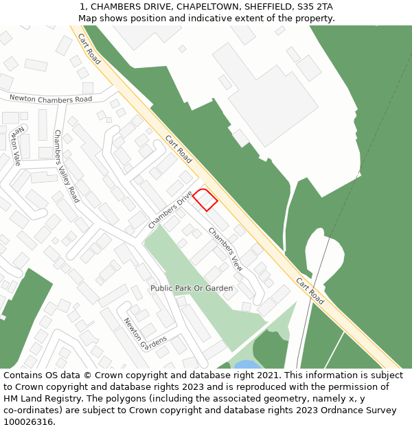 1, CHAMBERS DRIVE, CHAPELTOWN, SHEFFIELD, S35 2TA: Location map and indicative extent of plot