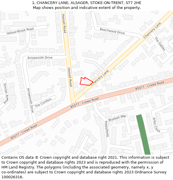 1, CHANCERY LANE, ALSAGER, STOKE-ON-TRENT, ST7 2HE: Location map and indicative extent of plot