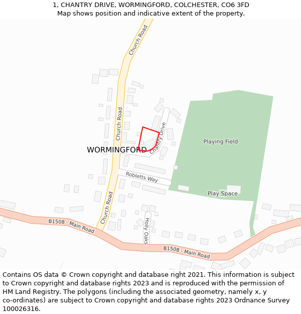 1, CHANTRY DRIVE, WORMINGFORD, COLCHESTER, CO6 3FD: Location map and indicative extent of plot