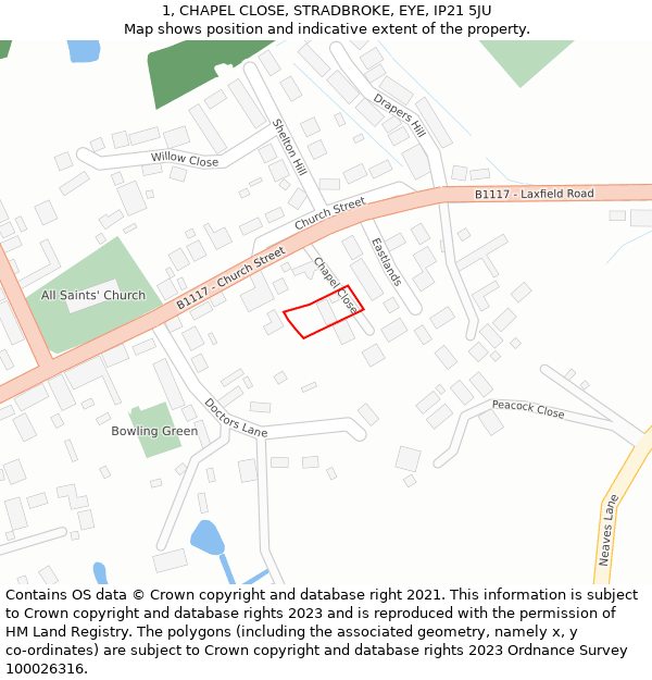 1, CHAPEL CLOSE, STRADBROKE, EYE, IP21 5JU: Location map and indicative extent of plot