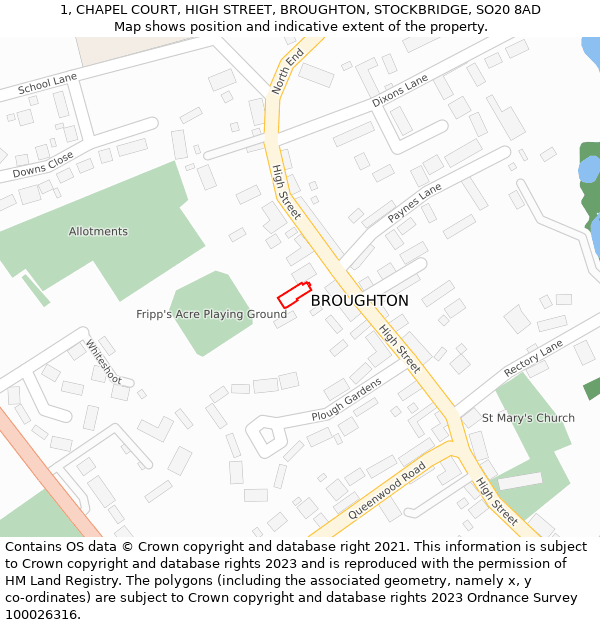 1, CHAPEL COURT, HIGH STREET, BROUGHTON, STOCKBRIDGE, SO20 8AD: Location map and indicative extent of plot