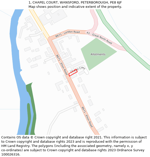 1, CHAPEL COURT, WANSFORD, PETERBOROUGH, PE8 6JF: Location map and indicative extent of plot