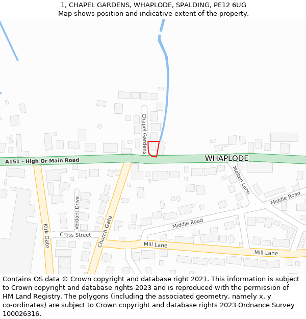 1, CHAPEL GARDENS, WHAPLODE, SPALDING, PE12 6UG: Location map and indicative extent of plot