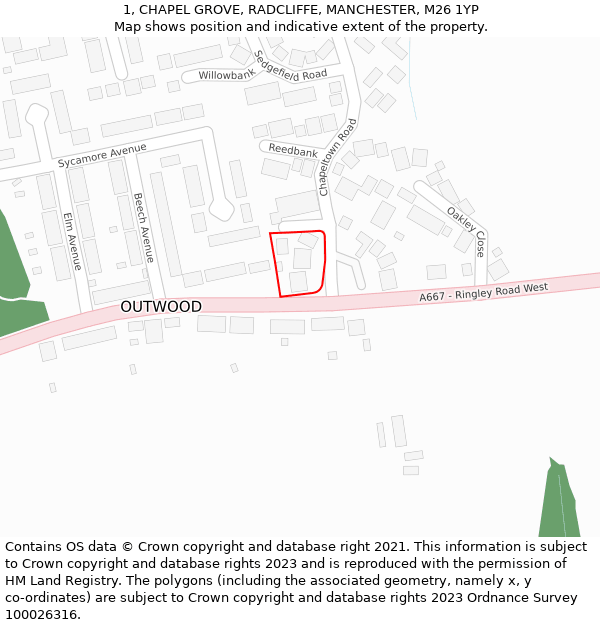 1, CHAPEL GROVE, RADCLIFFE, MANCHESTER, M26 1YP: Location map and indicative extent of plot