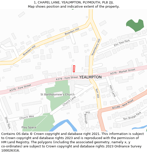 1, CHAPEL LANE, YEALMPTON, PLYMOUTH, PL8 2JL: Location map and indicative extent of plot