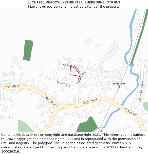 1, CHAPEL MEADOW, YETMINSTER, SHERBORNE, DT9 6NT: Location map and indicative extent of plot