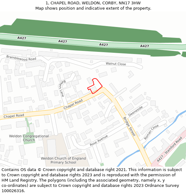 1, CHAPEL ROAD, WELDON, CORBY, NN17 3HW: Location map and indicative extent of plot