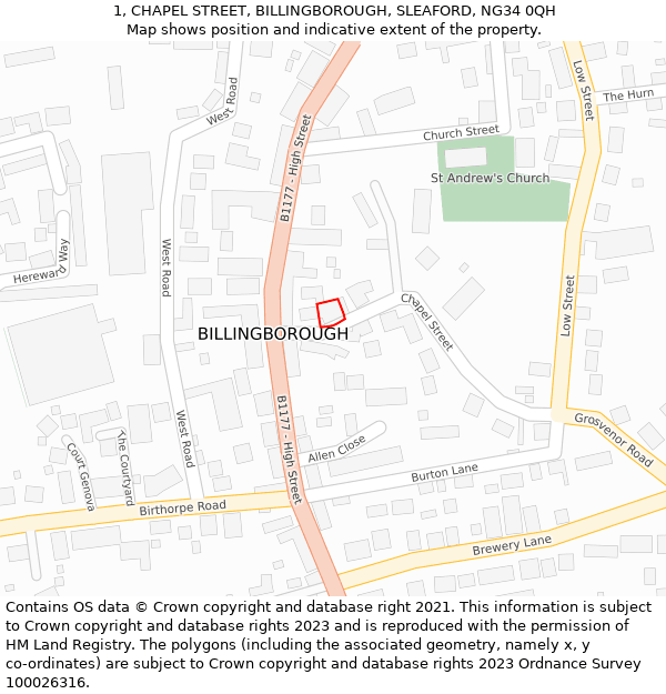 1, CHAPEL STREET, BILLINGBOROUGH, SLEAFORD, NG34 0QH: Location map and indicative extent of plot