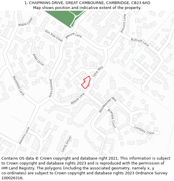 1, CHAPMANS DRIVE, GREAT CAMBOURNE, CAMBRIDGE, CB23 6AD: Location map and indicative extent of plot