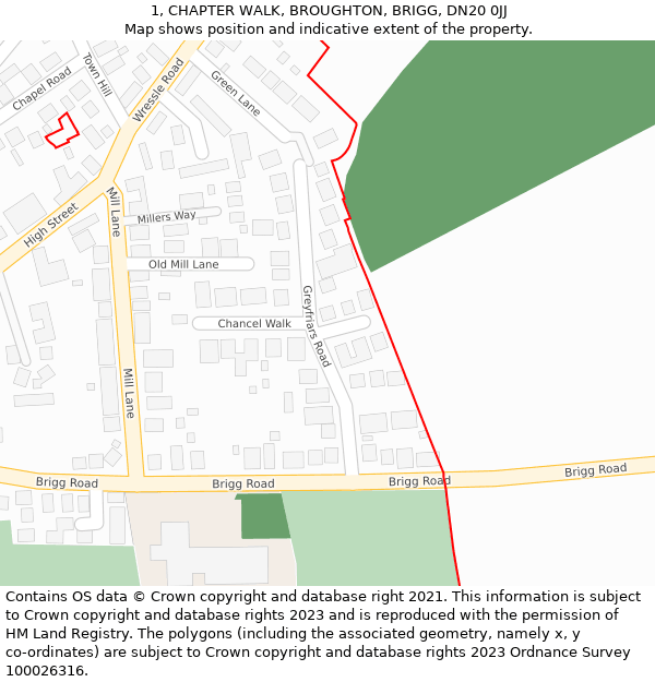 1, CHAPTER WALK, BROUGHTON, BRIGG, DN20 0JJ: Location map and indicative extent of plot