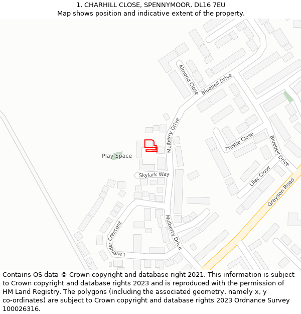 1, CHARHILL CLOSE, SPENNYMOOR, DL16 7EU: Location map and indicative extent of plot