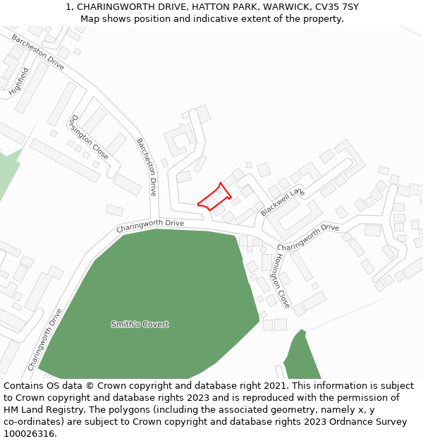 1, CHARINGWORTH DRIVE, HATTON PARK, WARWICK, CV35 7SY: Location map and indicative extent of plot
